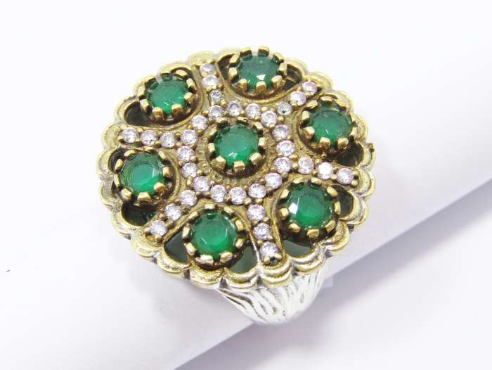 A Gorgeous Huge Ring Set with Green and clear Paste Stones Ring in Sterling Silve