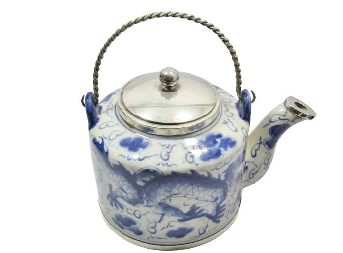 Exquisite! Vintage Oriental Blue & White & Silver Mounts Teapot