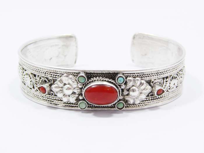 A Gorgeous Textured Cuff with Coral and Turquois Stones in Sterling Silver