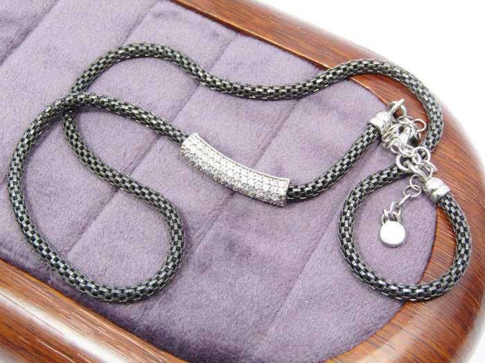 A Stunning Black Oxidized Italian Design Square Articulated Necklace with a Crystal Slider in Sterli