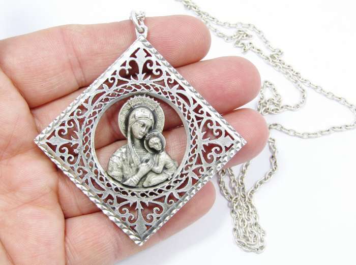 A Gorgeous Huge Madonna And Child Pendant With a Gorgeous Filigree Frame On Chain in Sterling Silver