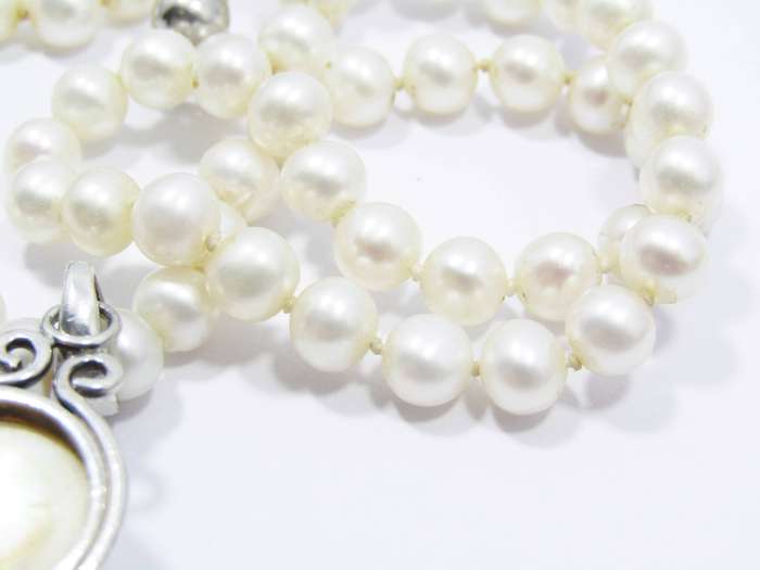 A Gorgeous Fresh Water Pearl Necklace with a Mabe Pendant  Slider in Sterling Silver