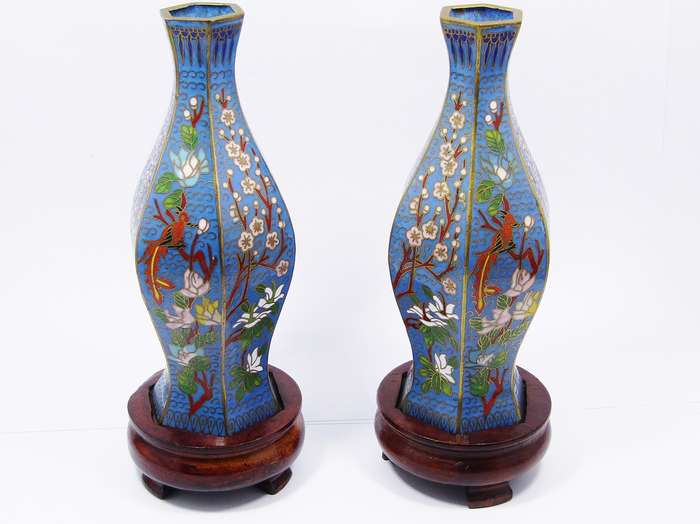 Pair of Finely Made Hexagonal Cloisonne Vases on Stands