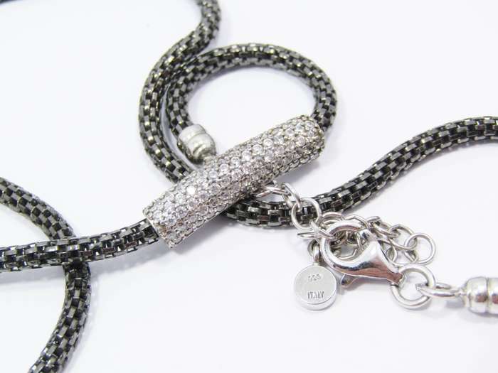 A Stunning Black Oxidized Italian Design Square Articulated Necklace with a Crystal Slider in Sterli