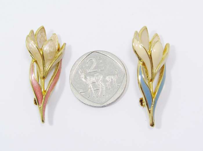 Lovely Pair of Enameled Flower Costume Jewellery Brooches