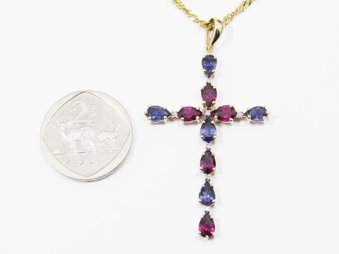 Stunning! 9CT Yellow Gold, Iolite & Garnet Cross Necklace