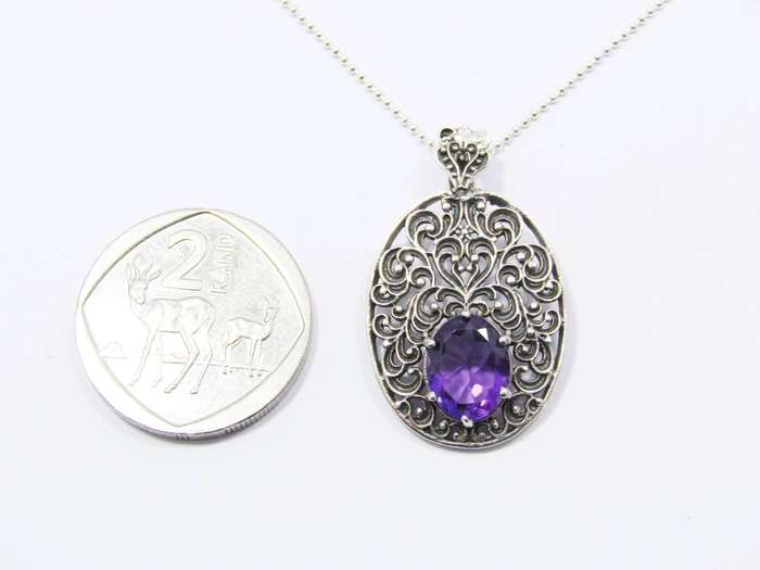 A Gorgeous Vintage Design Amethyst Pendant on Chain in Sterling Silver