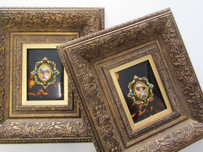 Framed Early 20th-Century Ormulu & Tortoise Shell Miniature Portraits