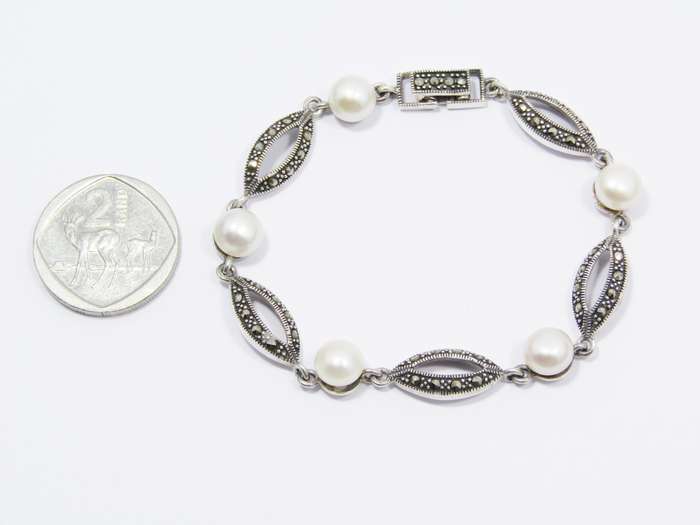 A Beautiful Vintage Design Fresh Water Pearl and Marcasite Bracelet  in Sterling Silver