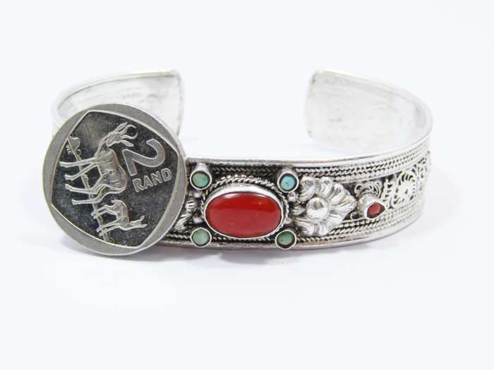 A Gorgeous Textured Cuff with Coral and Turquois Stones in Sterling Silver