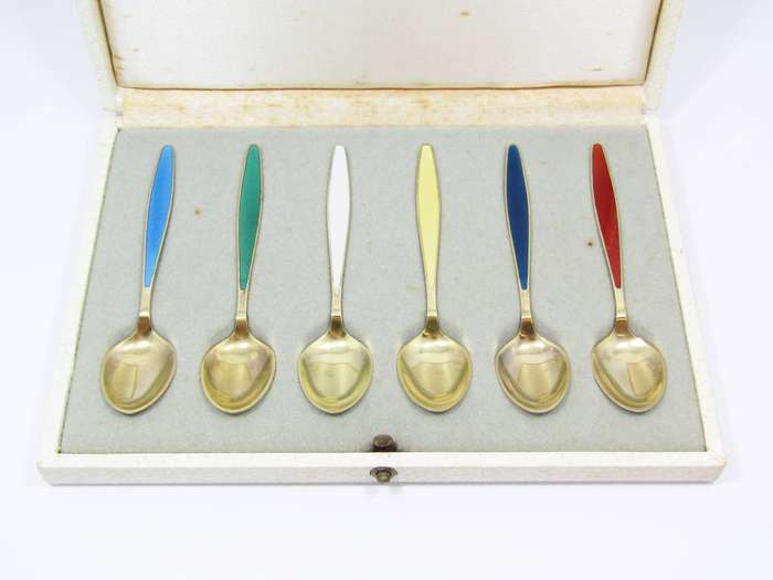 Vintage Georg Jensen Silver Vermeil & Enamel Demitasse Spoons