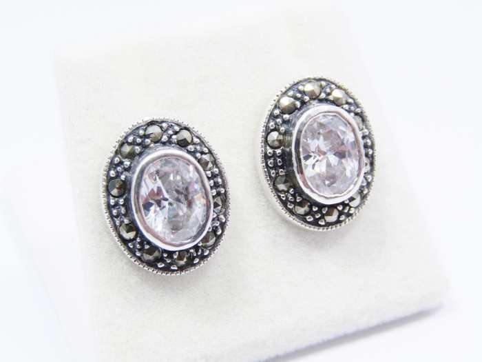 A Gorgeous Pair of Bohemian Design Clear Zirconia Earrings Surrounded with Marcasite's in Sterling S