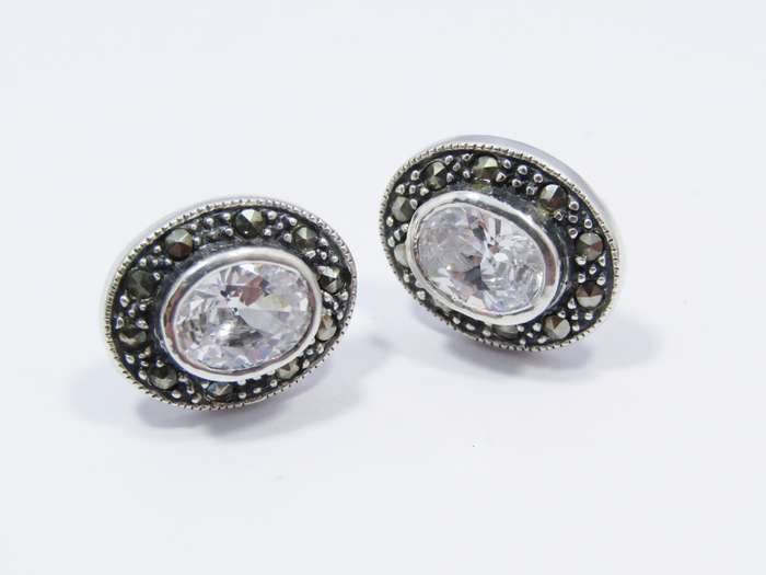 A Gorgeous Pair of Bohemian Design Clear Zirconia Earrings Surrounded with Marcasite's in Sterling S