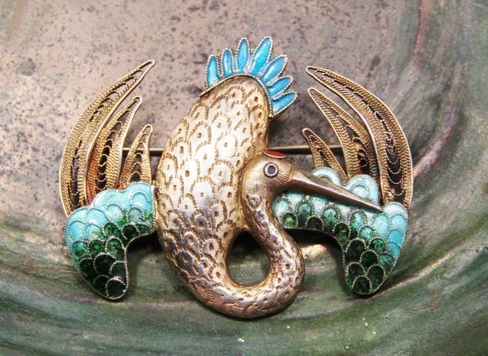 Antique/Vintage Oriental Filigree Silver Gilt Stork Brooch