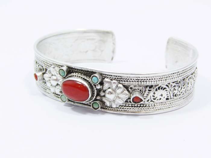 A Gorgeous Textured Cuff with Coral and Turquois Stones in Sterling Silver
