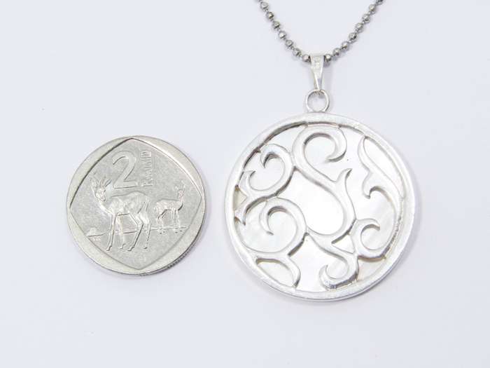 A Lovely Large Mother of Pearl Pendant on Chain in Sterling Silver