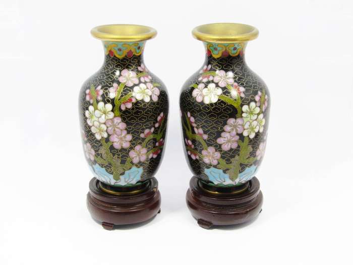 A Beautiful Pair of Cloisonne Vases On Stand