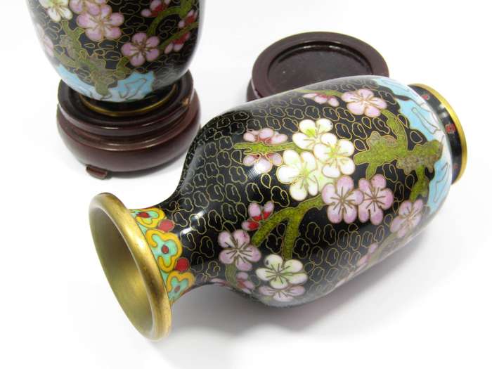 A Beautiful Pair of Cloisonne Vases On Stand