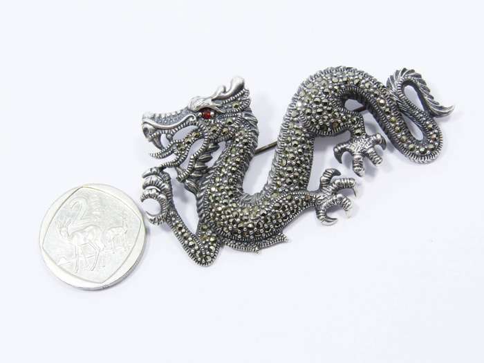 A Beautiful Huge Marcasite Dragon Brooch In Sterling Silver.