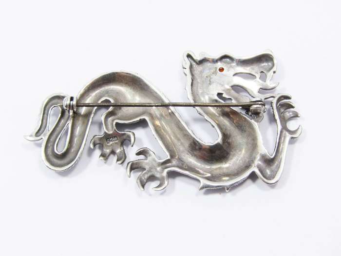 A Beautiful Huge Marcasite Dragon Brooch In Sterling Silver.