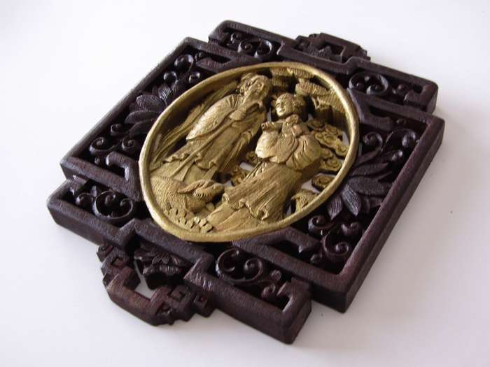 Oriental Wooden Carved Panel with Gilt Details