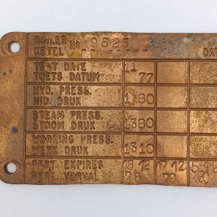 SA Railways brass boiler #9525 pressure check plate 1978-1981