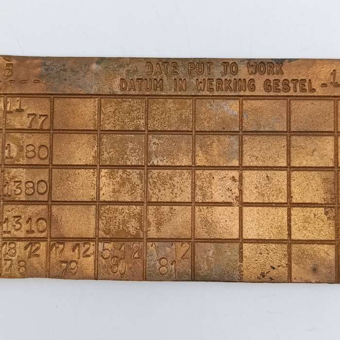 SA Railways brass boiler #9525 pressure check plate 1978-1981