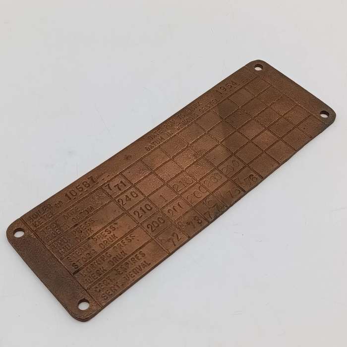 SA Railways brass boiler #10587 pressure check plate 1972-1976
