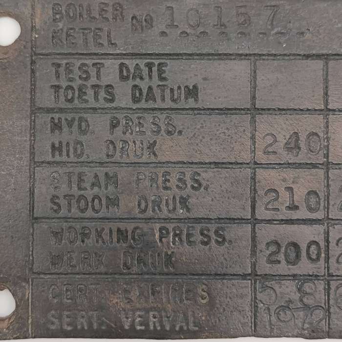 SA Railways brass boiler #10157 pressure check plate 1972-1976