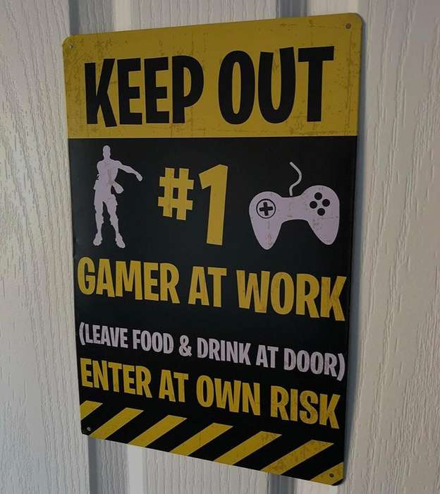Wall Piece Metal Tin Sign  Keep Out, Gamer at work. Leave food & Drink at Door. Enter at own risk