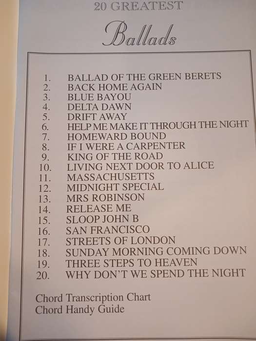 20 Greatest Ballads, Chord Transcription Chart/Chord Handy Guide