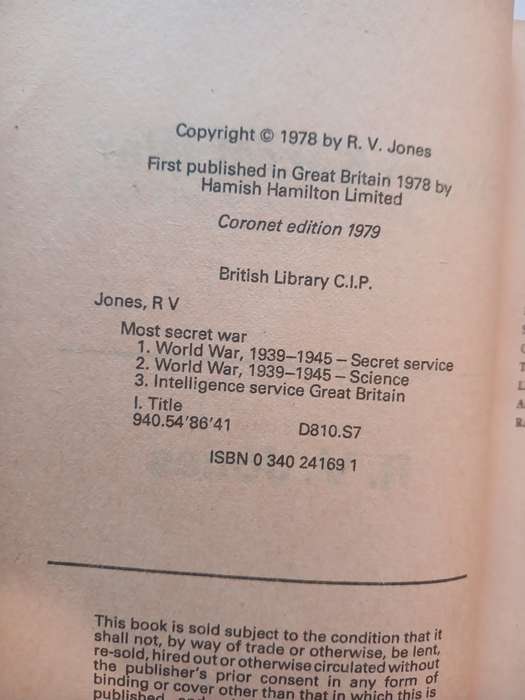 Most Secret War, British Scientific Intelligence 1939-1945 by R.V. Jones