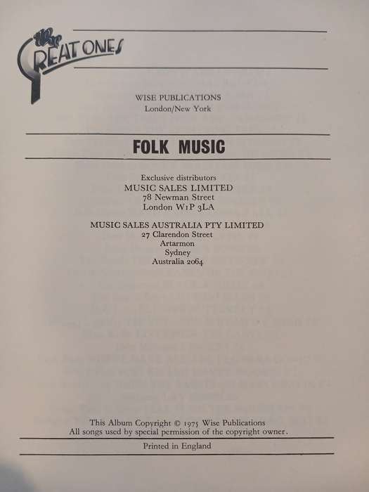 The Great Ones, Great Folk Music Song Sheets/Sheet Music