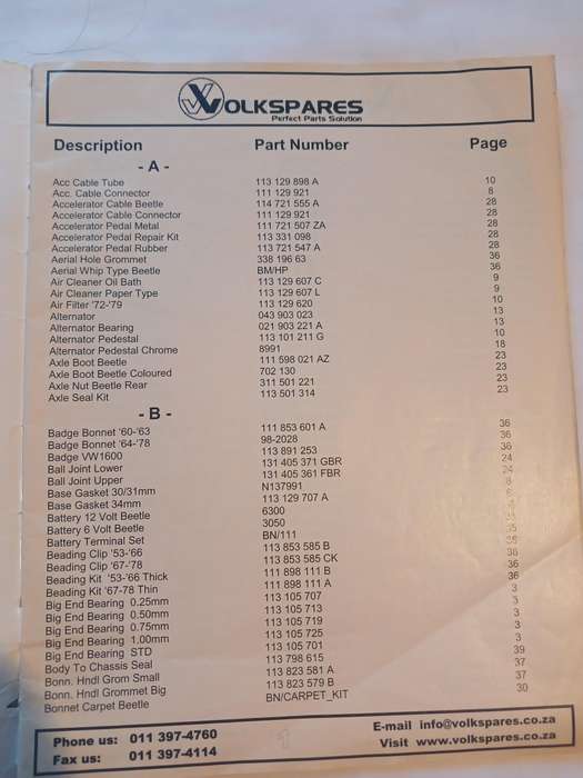 Volkspares, A Catalogue of VW spares/parts
