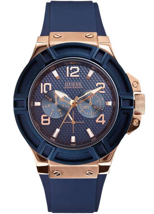 GUESS Rose Gold-Tone Dial with Iconic Blue Stain Resistant Silicone Strap