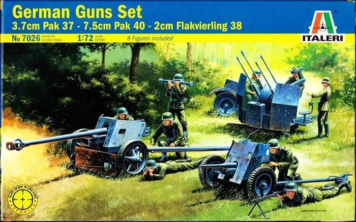 German Guns Set 3.7cm Pak 37 - 7.5cm Pak 40 - 2cm Flakvierling 38 1/72 Scale Italeri 7026