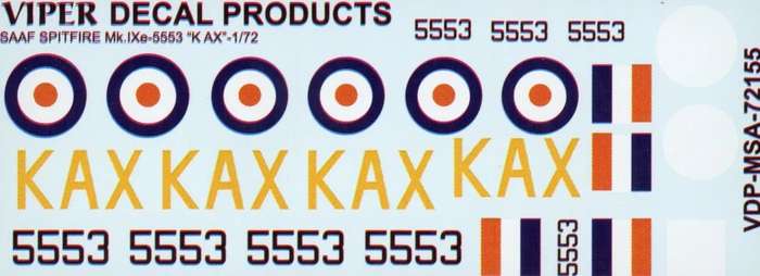 SAAF Spitfire Mk.1xe '5553/K AX' - 1/72 Scale (Viper Decal Products)(MSA72155)