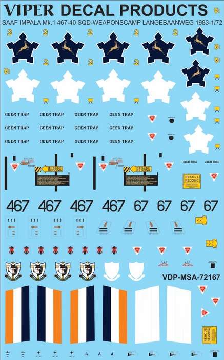 SAAF Impala Mk.1 '467' 40 Sqd Weapons Camp Langebaanweg 1983 -1/72 Scale (Viper Decal)(MSA72167)