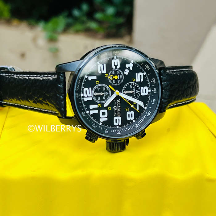 INVICTA Mens Russian Aviator Lefty INVERTED 46mm Leather Black Chronograph Watch