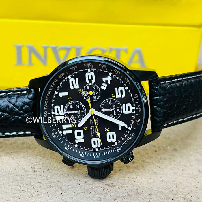 INVICTA Mens Russian Aviator Lefty INVERTED 46mm Leather Black Chronograph Watch