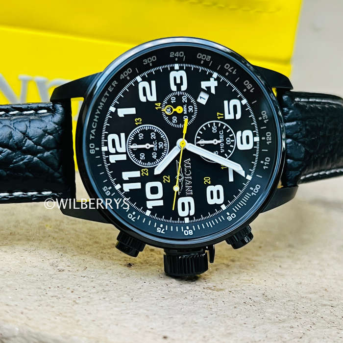 INVICTA Mens Russian Aviator Lefty INVERTED 46mm Leather Black Chronograph Watch