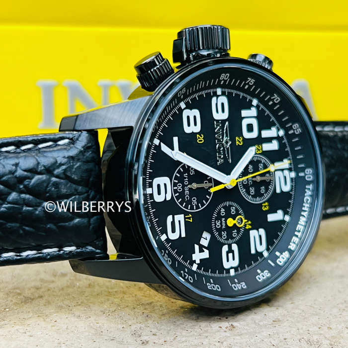 INVICTA Mens Russian Aviator Lefty INVERTED 46mm Leather Black Chronograph Watch