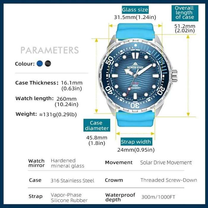 NORTH EDGE Men's Tactical TRITON Solar Powered 300m Dive Watch
