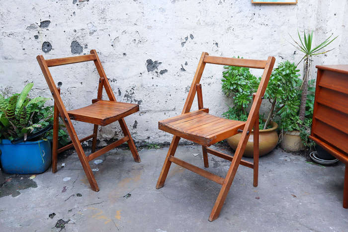 Pair of 1940s British military folding chairs  Antique Oak with Patina