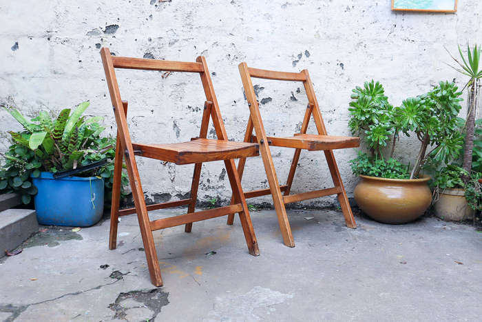 Pair of 1940s British military folding chairs  Antique Oak with Patina