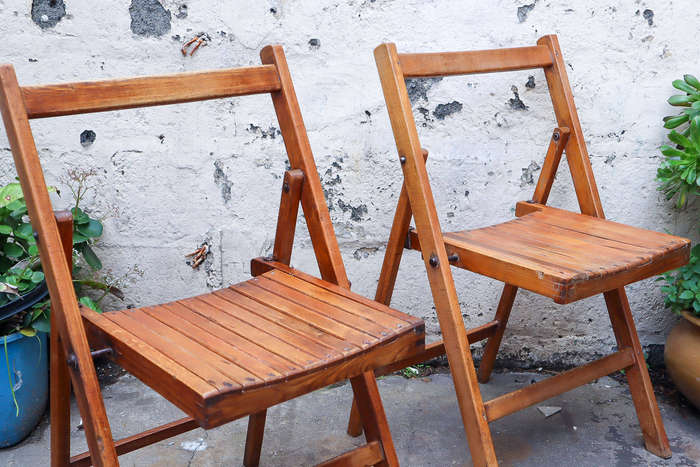 Pair of 1940s British military folding chairs  Antique Oak with Patina