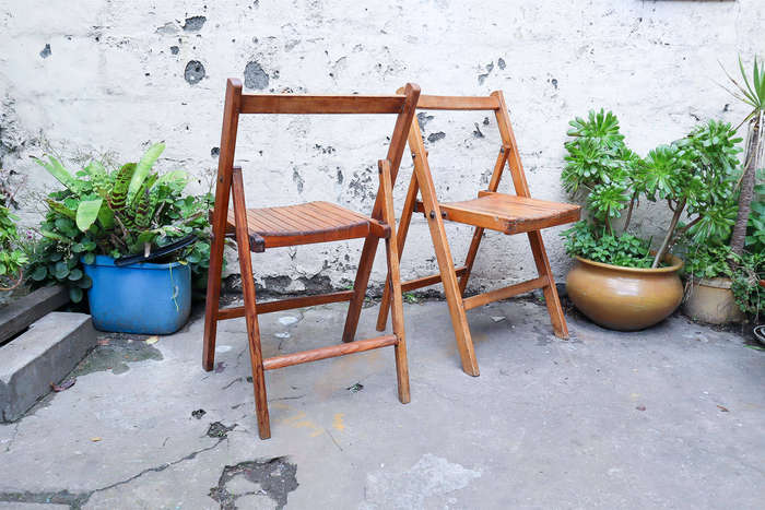 Pair of 1940s British military folding chairs  Antique Oak with Patina