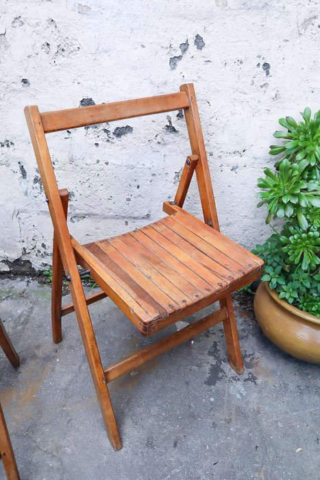Pair of 1940s British military folding chairs  Antique Oak with Patina