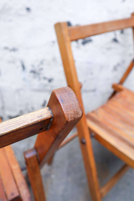 Pair of 1940s British military folding chairs  Antique Oak with Patina