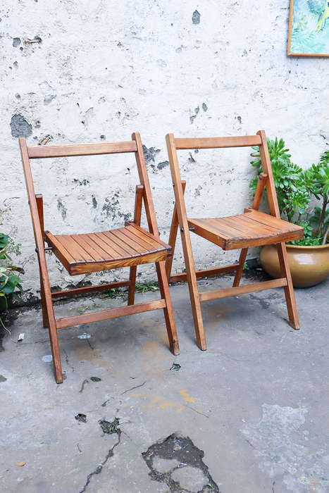 Pair of 1940s British military folding chairs  Antique Oak with Patina